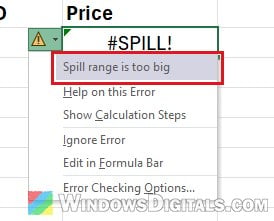Excel SPILL error reason Spill range is too big