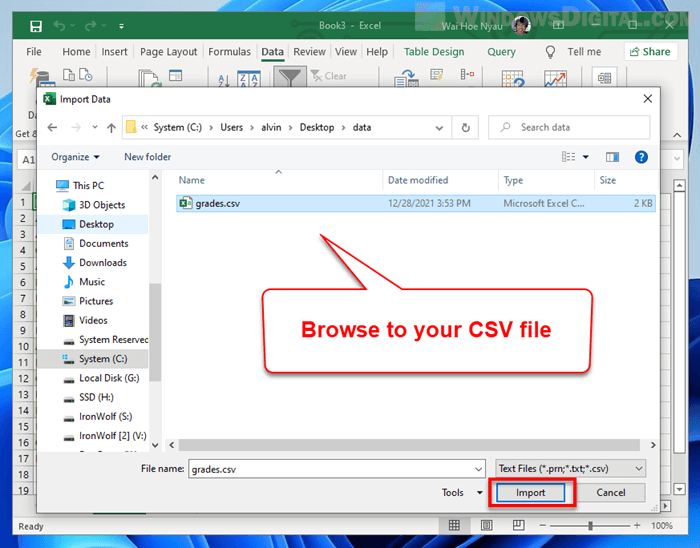 Excel browse to CSV file