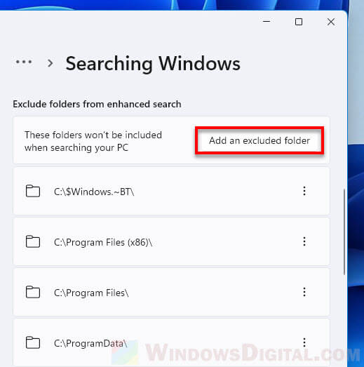 Exclude folder from Search Index Windows 11