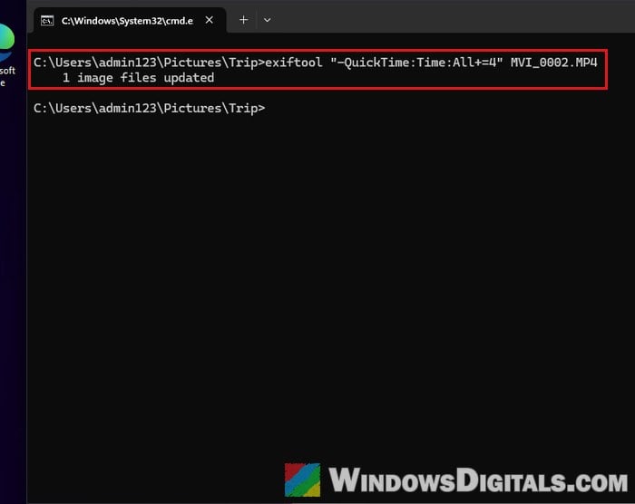 ExifTool shift video date QuickTime Command Prompt Windows 11