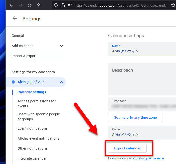 Export Default Calendar in Google