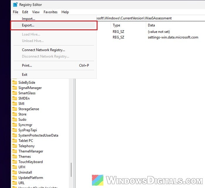 Export WaaSAssessment registry key as backup