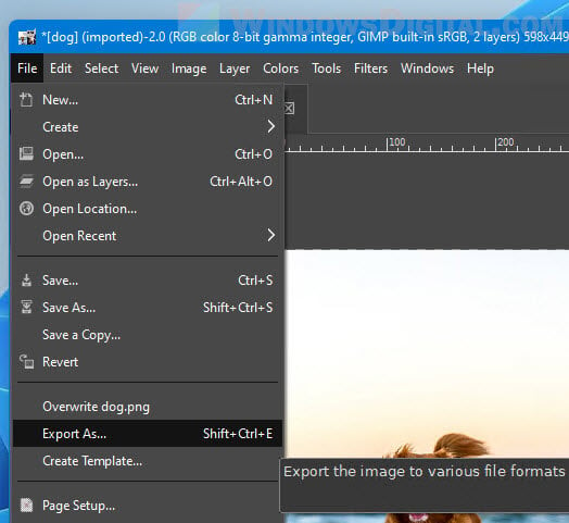 Export image as PNG or JPG GIMP