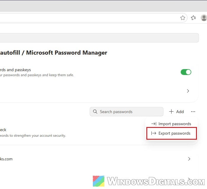 Export passwords from Microsoft Edge password manager