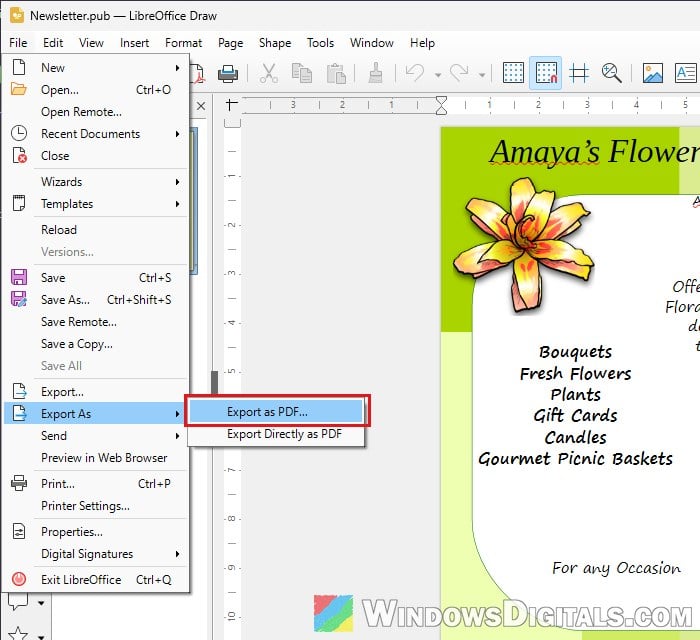 Export pub file as PDF in LibreOffice Draw