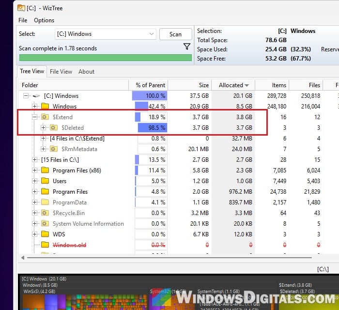 Extend Deleted folder taking up space in WizTree Windows 11