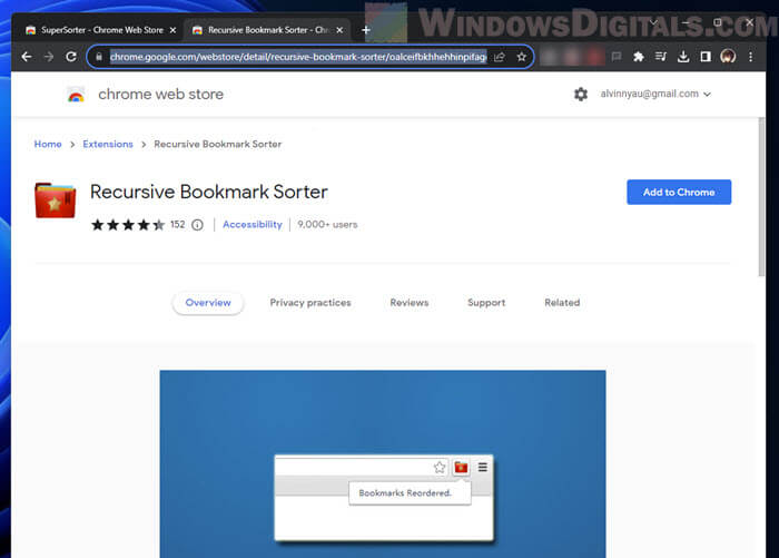 Extension to sort Chrome bookmarks by name