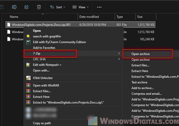 Extract zip.001 zip.002 zip.003 with 7-zip