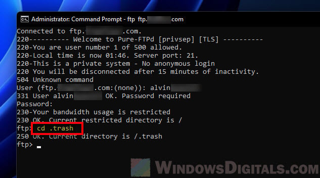 FTP command line to change directory CMD