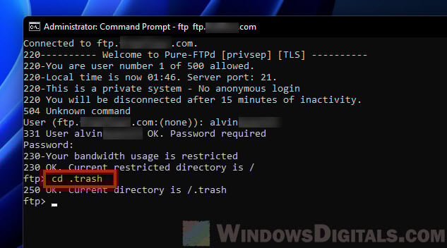 FTP command line to change directory CMD