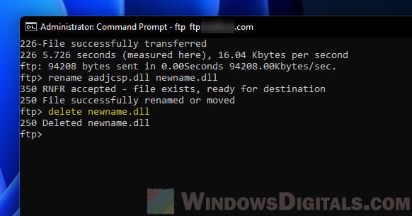 FTP command line to delete a file from the server