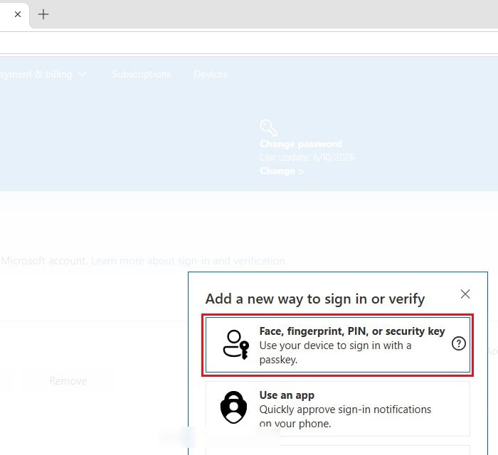 Face fingerprint PIN or security key passkey Microsoft account