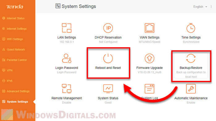 Factory reset router