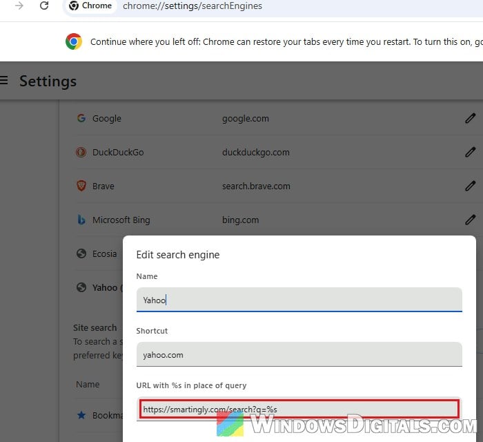 Fake Yahoo search engine smartingly.com in Chrome settings