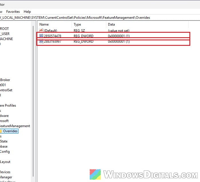 FeatureManagement Overrides values Registry Editor Windows 11