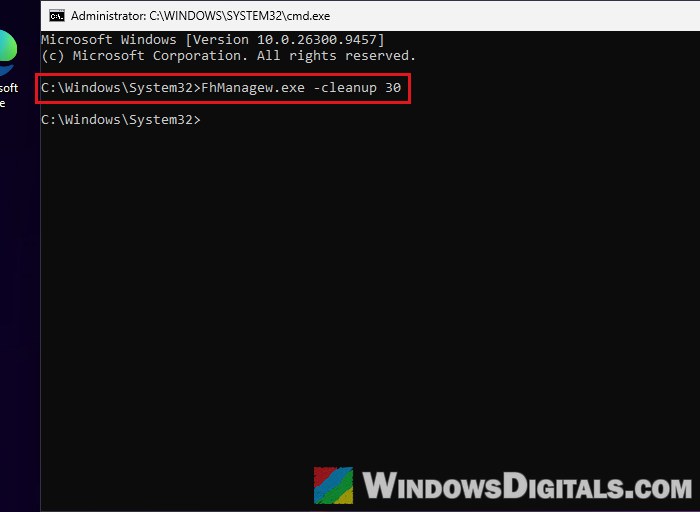 FhManagew cleanup command File History Windows 11