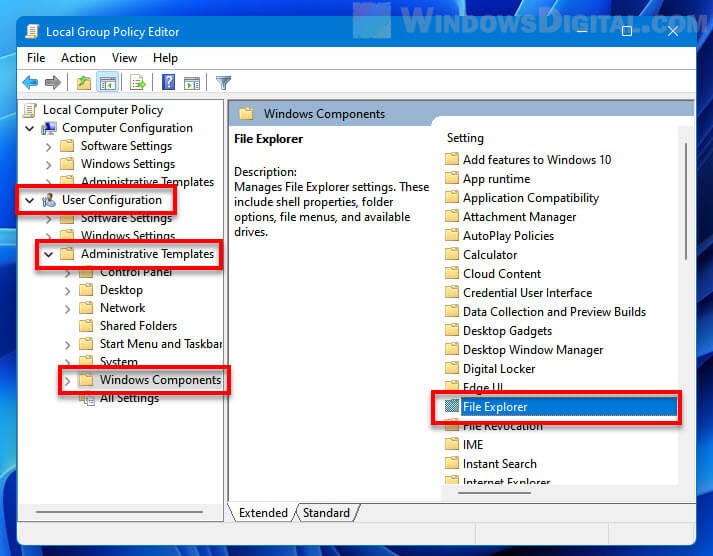 File Explorer Group Policy Editor