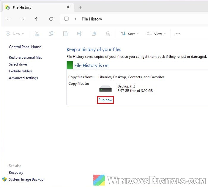 File History Run now Control Panel Windows 11