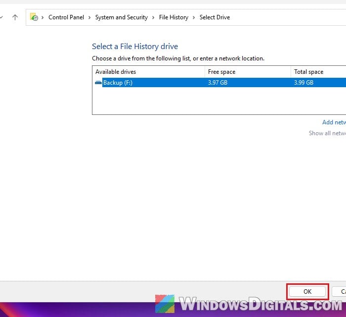 File History Select drive Windows 11