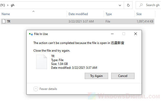 File In Use - The action can't be completed because the file is open in another program