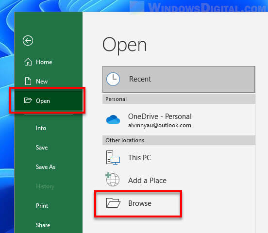 File Open Browse Excel Windows 11