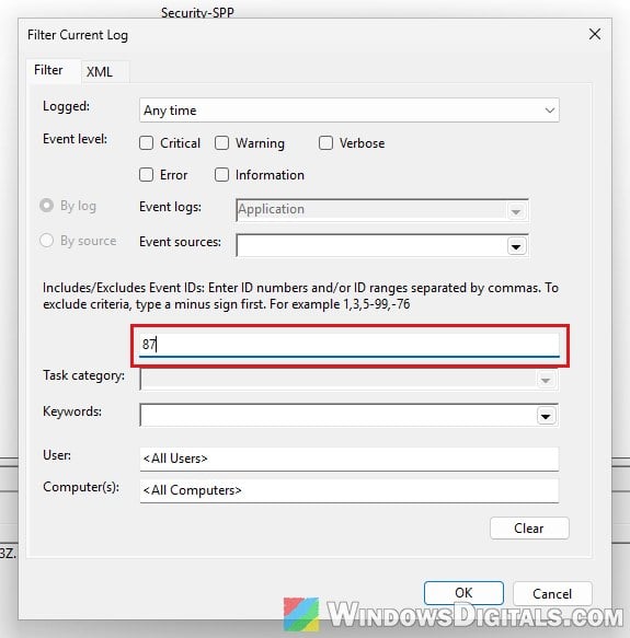 Filter Application log by Event ID 87 in Event Viewer Windows 11