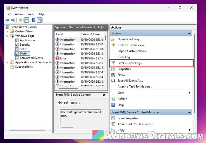 Filter Current Log System Event Viewer Windows 11