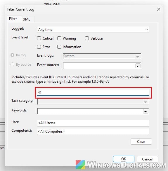 Filter Event ID 41 Kernel-Power Event Viewer Windows 11