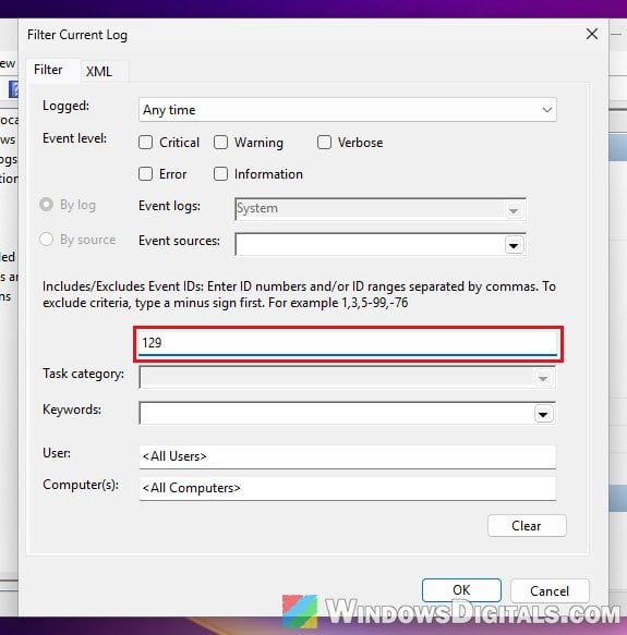 Filter Event Viewer System log for Event ID 129 Windows 11