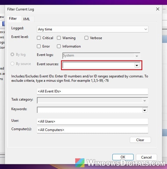 Filter MemoryDiagnostics-Results event source Windows 11