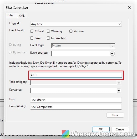 Filter System log for Event ID 4101 in Event Viewer Windows 11