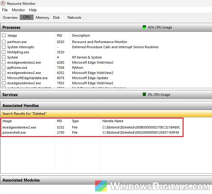 Find process holding Extend Deleted file in Resource Monitor