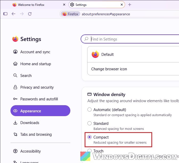 Firefox Window density Compact setting