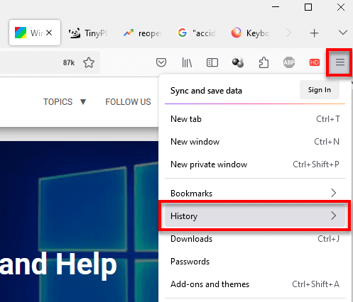 Firefox menu History Windows 11