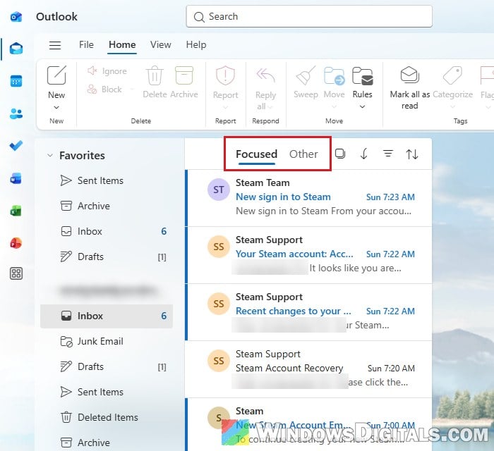 Focused and Other tabs Outlook inbox Windows 11