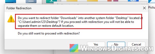 Folder Redirection redirect Downloads into Desktop warning Windows 11