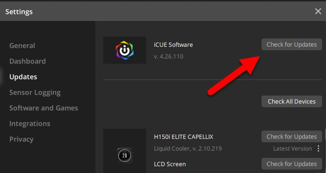 Force update Corsair iCUE software