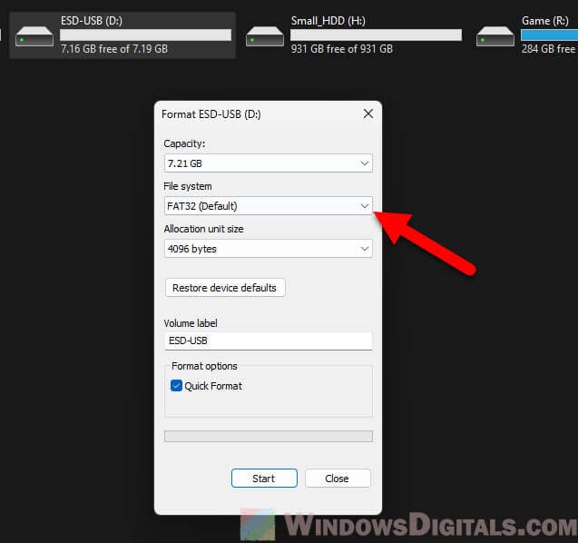 Format USB in FAT32 file system