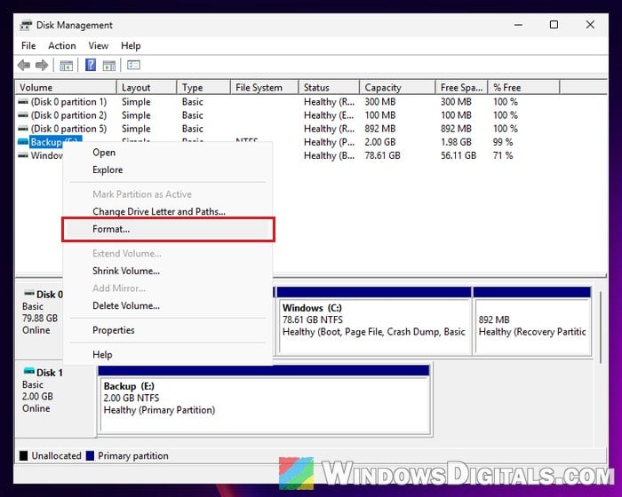 Format external drive Disk Management Windows 11