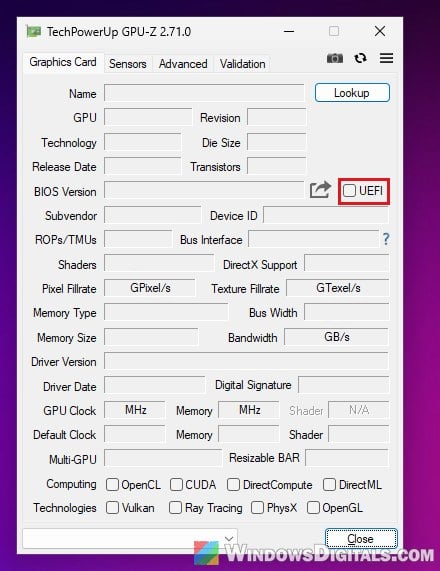 GPU-Z UEFI checkbox graphics card BIOS