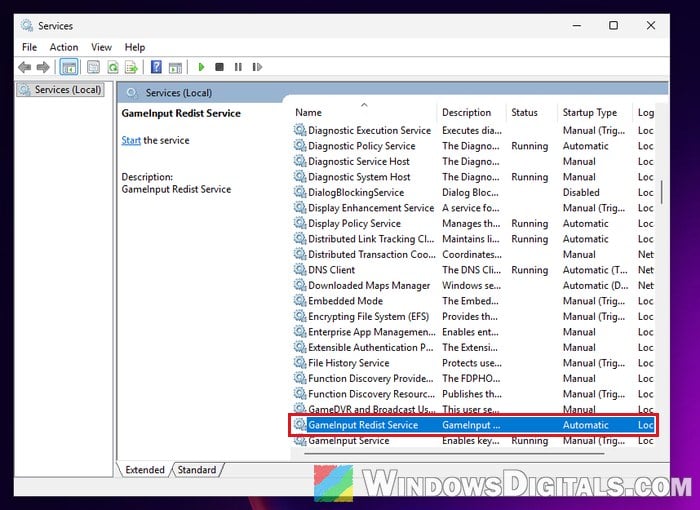 GameInput Redist Service in Services Windows 11