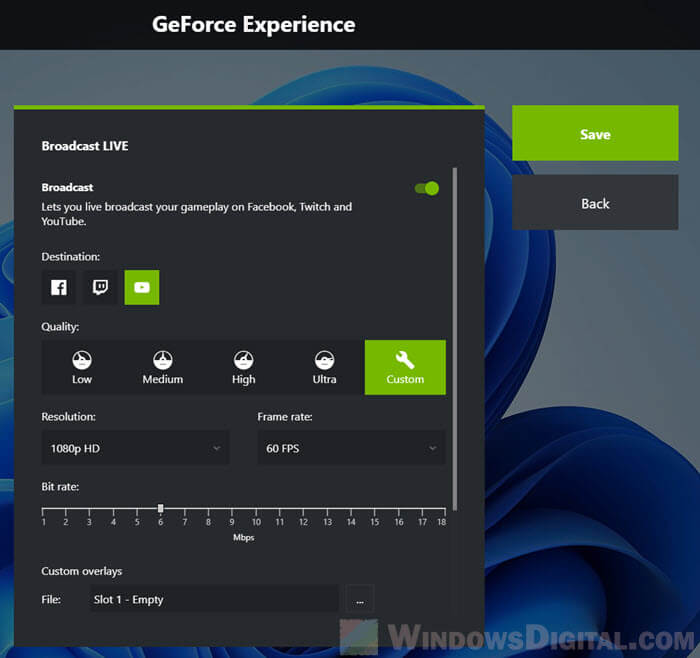 GeForce Experience Broadcast YouTube Stream Settings