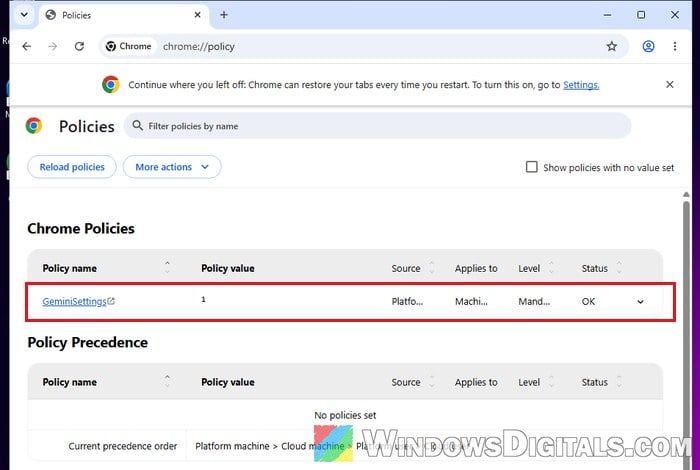 GeminiSettings Chrome policy chrome://policy