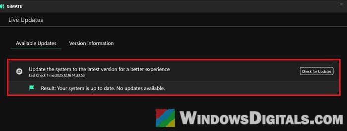 GiMATE Live Updates check for driver updates