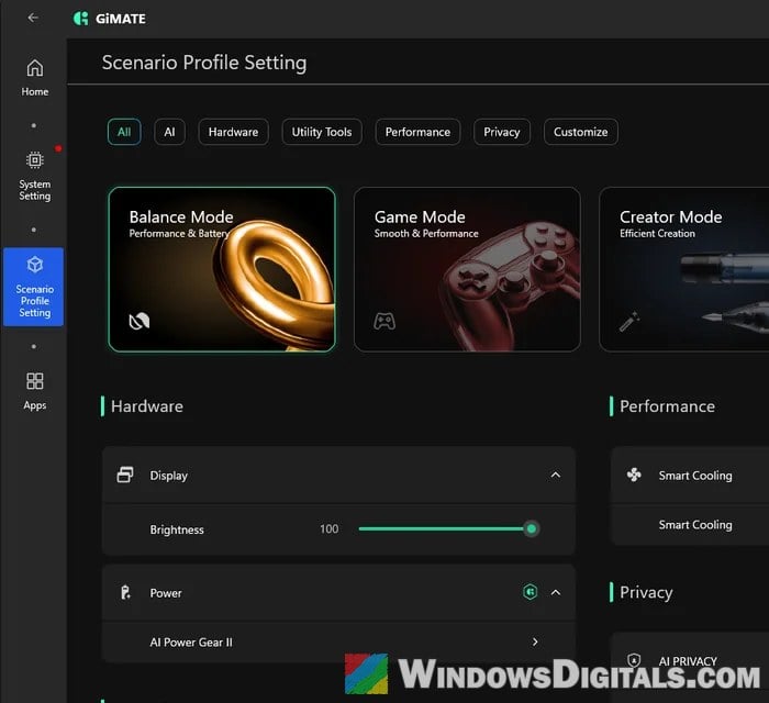 GiMATE Scenario Profile Setting on Gigabyte laptop