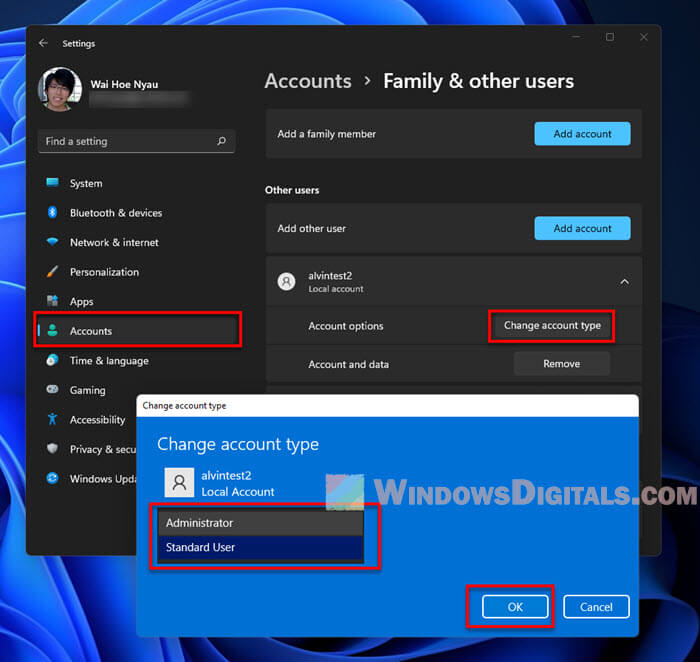 Give admin rights to user in Windows 11