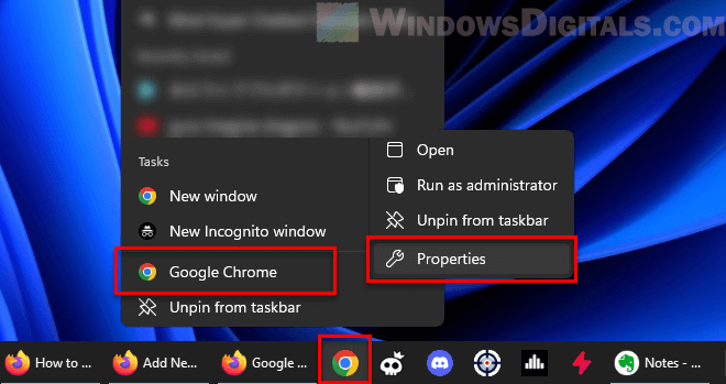 Google Chrome Taskbar Shortcut Properties