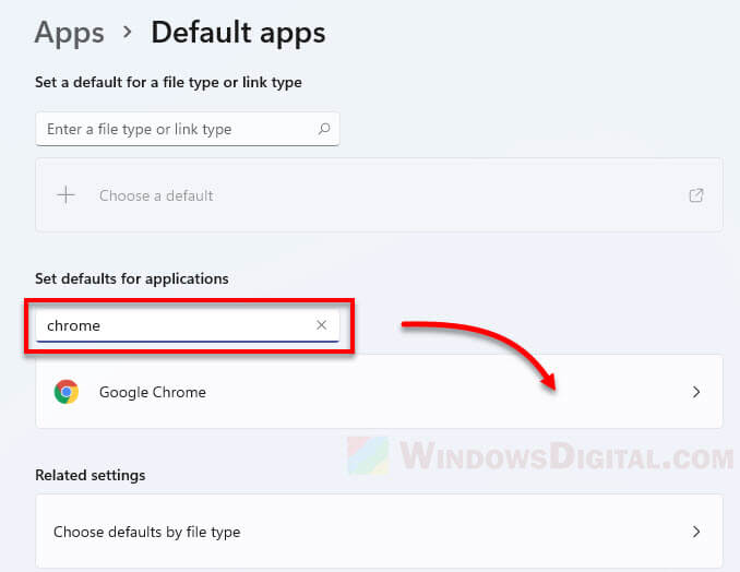 Google Chrome as default app file and link types Windows 11