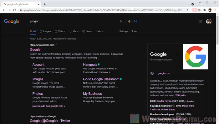 Google Search Result Dark Mode Windows 10 PC