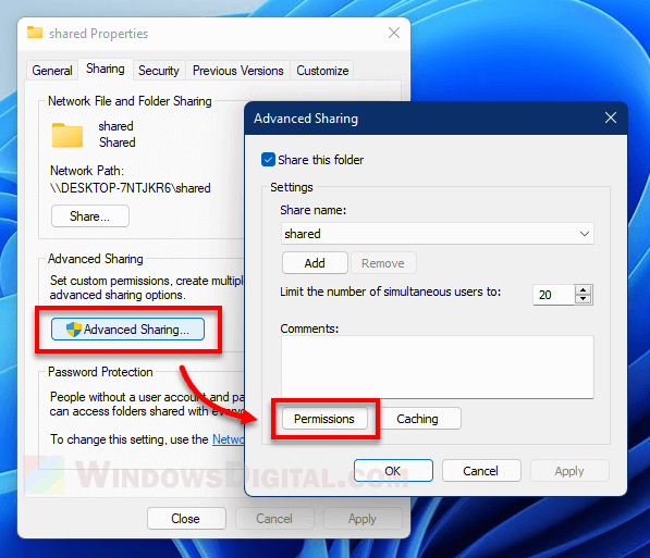 Grant permission for network share folder Windows 11 10